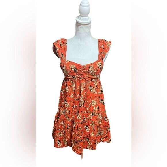 Free People Red Orange Floral Pattern Play Linen Printed Dress small - Picture 2 of 6